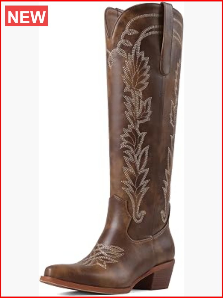 Knee High Cowboy Boots Pointed Toe Chunky Heel Zip Embroidered Western Boots